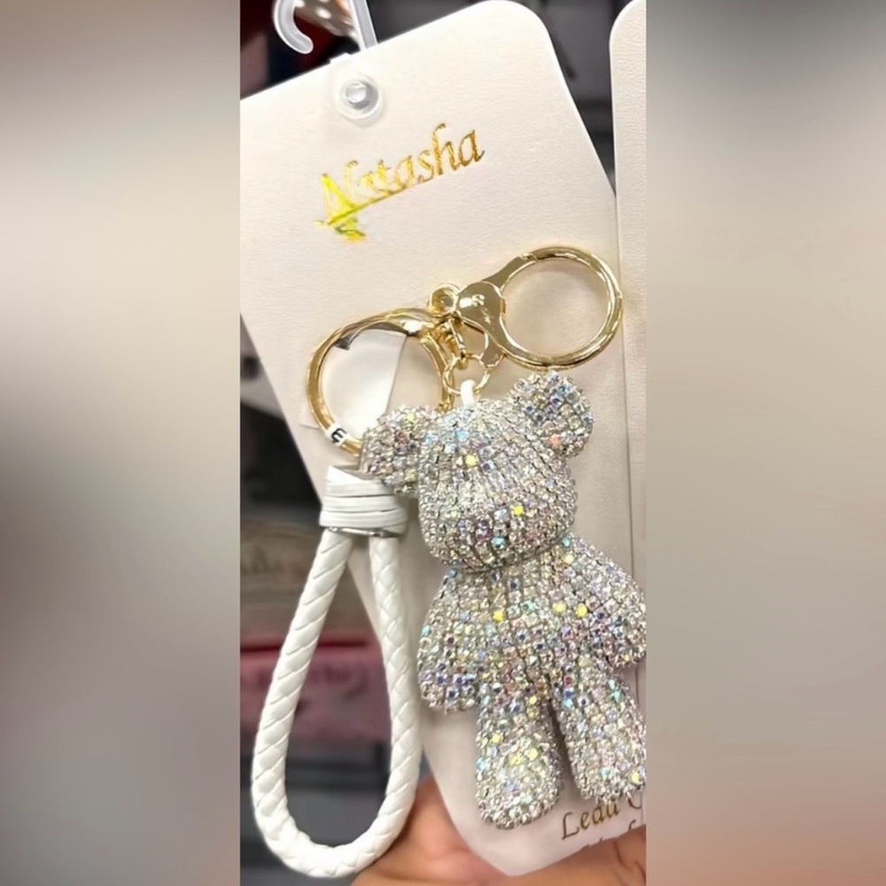 BNWT Natasha Couture Glittering Silver Bear Keychain with Gold Details